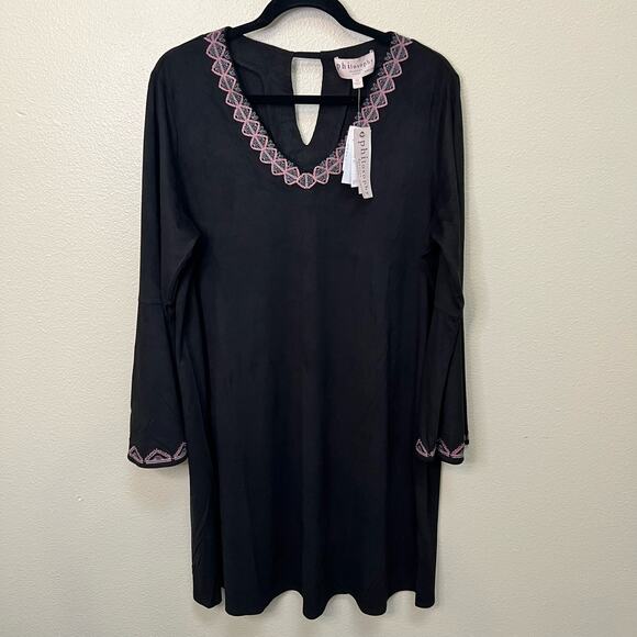 NWT Philosophy Black Faux Suede Embroidered Bell Sleeve Dress Size 0X - Picture 1 of 6